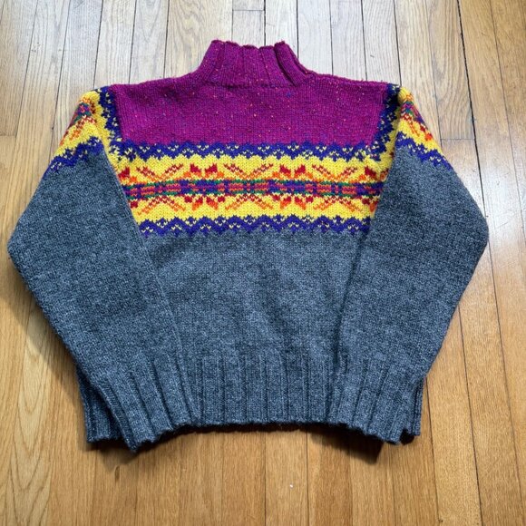 Express Vintage Size M Pink Yellow & Gray Fair Isle Wool Knit Mock Neck Sweater - Picture 11 of 12